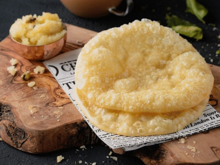 Two pieces of puffed, golden fried bread rest on newspaper atop a wooden board, next to a small bowl of pale, crumbly dessert and scattered crumbs, with green leaves in the background.