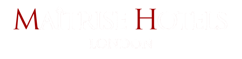 Logo for Maîtrise Hotels London, with Maîtrise Hotels in large serif font, the letters M and H in bold red, and London in smaller, light gray text below.