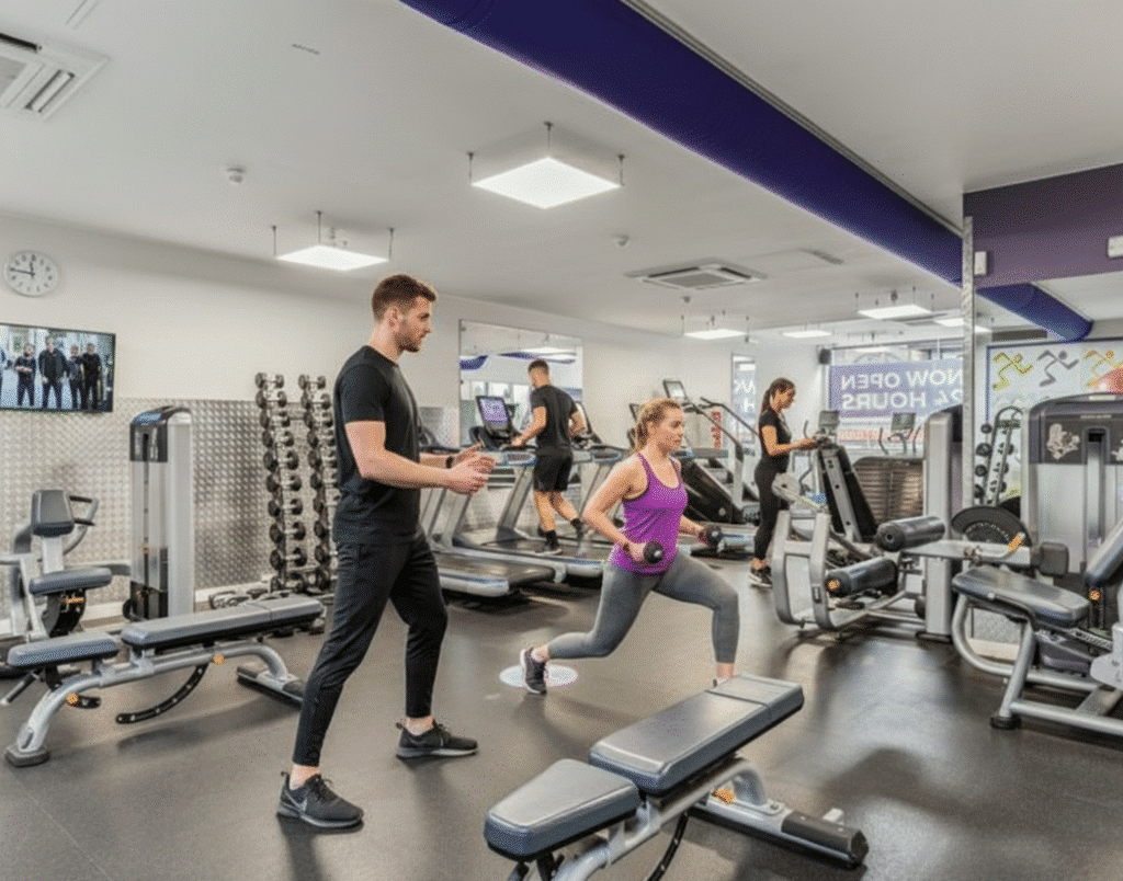A woman in workout clothes performs a lunge with dumbbells while a trainer observes her in a modern gym with weights, exercise machines, and other people exercising in the background.